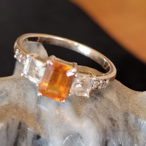 Spessartite Garnet and White Zircon in Silver Size 9
